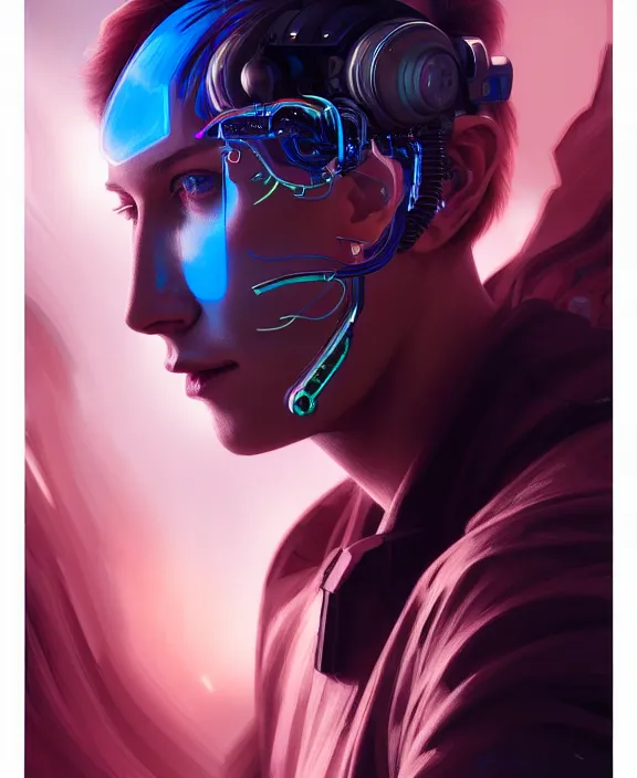 Image similar to a whirlwind inside the metaverse, guy, male, man, hologram, half body, neurochip, android, cyborg, cyberpunk face, by loish, d & d, fantasy, intricate, elegant, highly detailed, colorful, digital painting, artstation, concept art, art by artgerm and greg rutkowski and alphonse mucha