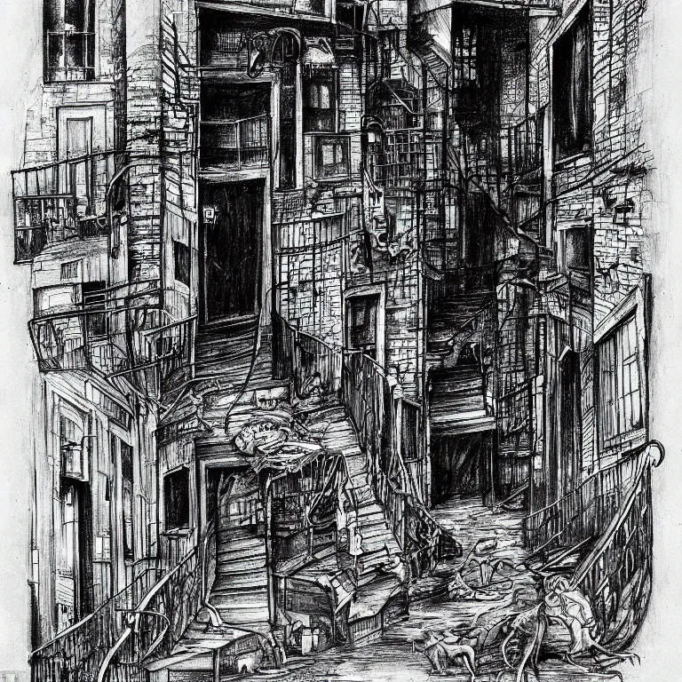 Prompt: a drawing in the style of stephen gammell of a alley way in new york city, overflowing infestation of rats and cockroaches