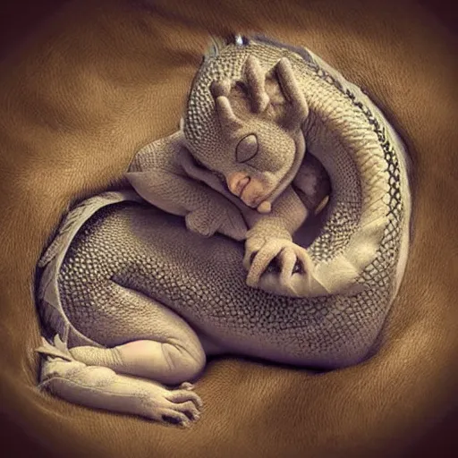 Image similar to cute baby dragon curled sleeping comfortably, very very cute, very very beautiful digital artwork, award winning