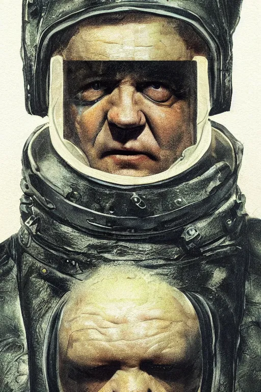 Prompt: upper body portrait of stellan skarsgård as evil, dark baron harkonnen, covered in oil, wearing old leather spacesuit, dystopian science fiction, illustration by norman rockwell, artstation character art, john william waterhouse, concept art, greg rutkowski