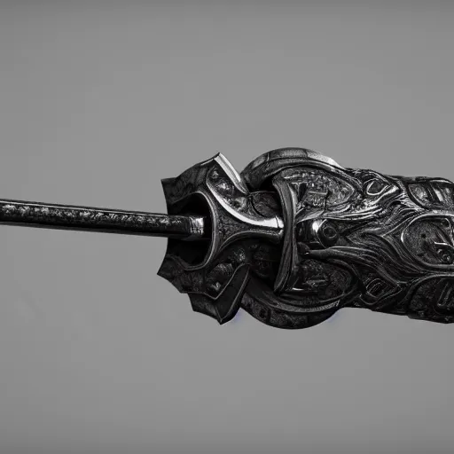 Image similar to a sharp black sword skull handle, ornament, on a gray background, a 3 d render by dom qwek, studio lighting, raytracing, trending on polycount, futurism, hard surface modeling, rendered in maya, 3 ss max, blender, artstation hd