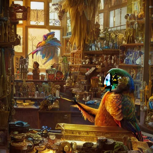 Image similar to A Anthropomorphized parrot trader in his shop, selling his wares, items, gold, carpet, window, D&D, fantasy, intricate, cinematic lighting, highly detailed, digital painting, artstation, concept art, smooth, sharp focus, illustration, art by Akihiko Yoshida, Greg Rutkowski and Alphonse Mucha