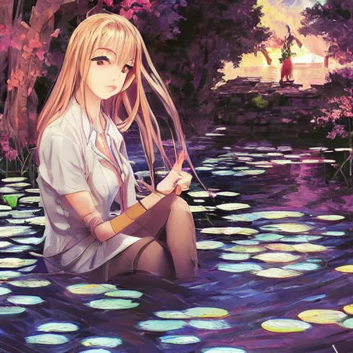 Image similar to isekai masterpiece drawn byaenami alena, atroshenko andrew, asencio henry, averin alexandr, blanchard antoine, bussiere gaston of a beautiful anime girl sitting in a pond filled with lily pads and koi fish