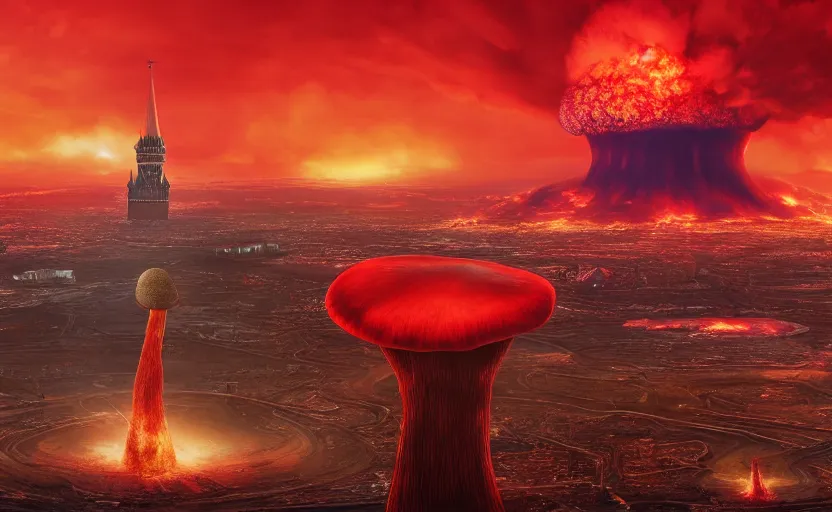 Prompt: ultra realistic picture of a big nuclear explosion with realistic nuclear mushroom in Red Square Kremlin, dramatic lighting, cinematic, extremely high detail, photo realistic, cinematic lighting, post processed, concept art, artstation, matte painting, unreal engine 8k