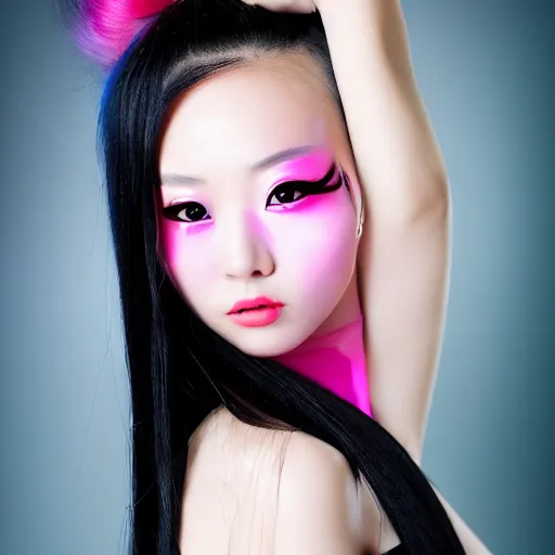 photograph of a japanese girl with emo makeup and long