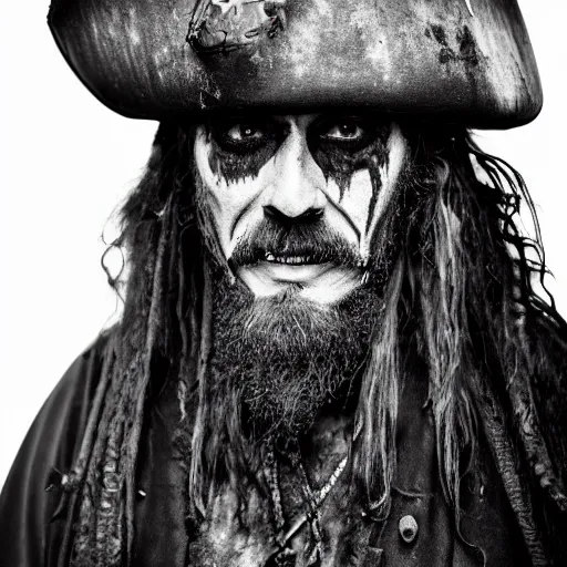 Prompt: 70mm photo of a dirty rugged old pirate lord wearing dirty old black hat, black coat and a wearing worn and stained Skull Bone Hard Mask, long black beard and long black hair, dark scene with dim light, movie scene, depth of field