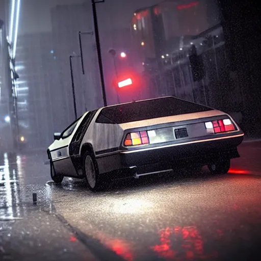 Image similar to hyperdetailed, photorealistic photograph of a dmc 1 2 delorean driving in the streets, rain, night, dense fog, hd, unreal engine 5