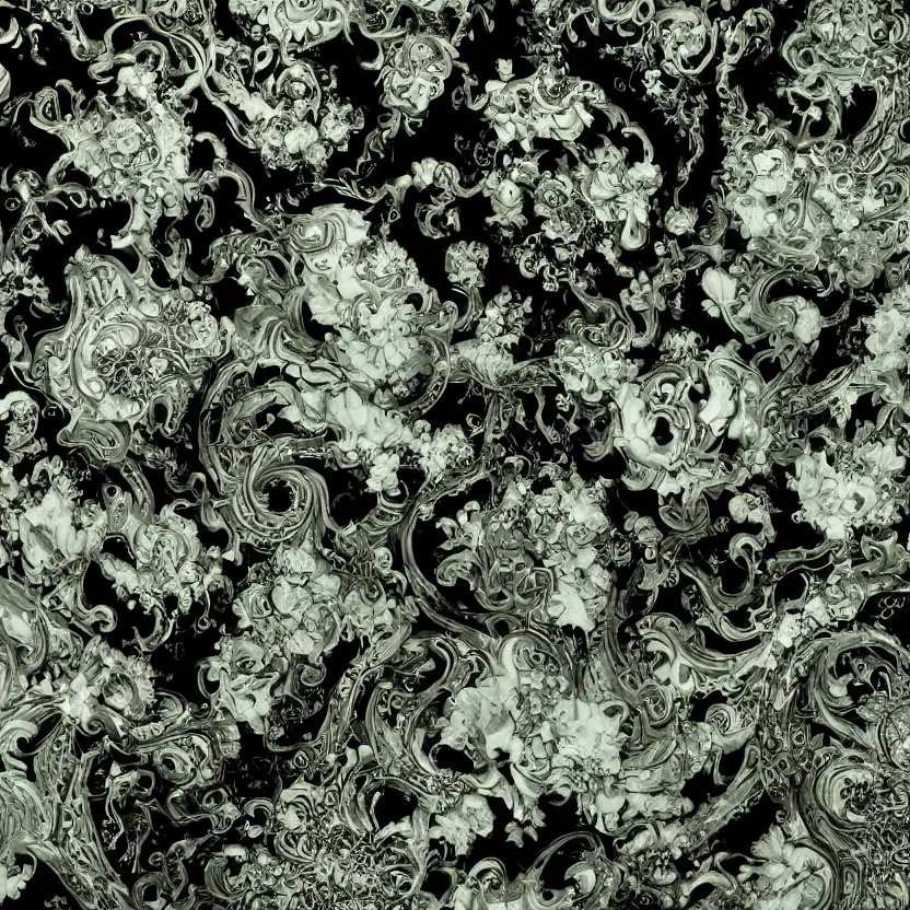 Prompt: a dark baroque close - up portrait of an ornate green and white floral porcelain being made out of white sci - fi vitrified translucent ceramic marble ; china. reflective detailed textures. gloomy black background. highly detailed fantasy science fiction painting by moebius, norman rockwell, frank frazetta, and syd mead. rich colors, high contrast. artstation