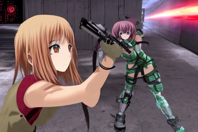 Image similar to an anime girl in a screenshot of the video game doom, the anime girl is crouching