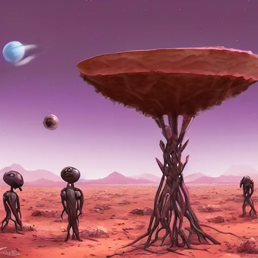 Prompt: Humanoid Ant Aliens on a desert planet with purple sky [realistic detailed digital painting for a Science Fiction Novel, trending on Artstation]