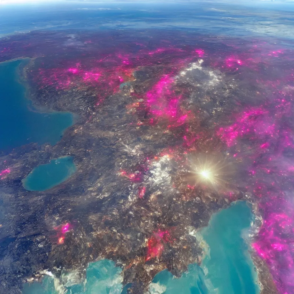 Image similar to looking from space at exploding volcano in middle of the sea with pink beach and shiny sun in back ground and alien plants on beach