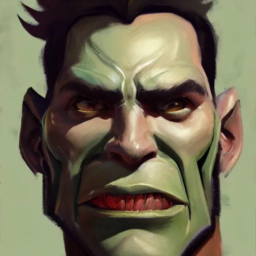 Image similar to greg manchess close - up portrait painting of a handsome male dieselpunk orc with olive green skin as an overwatch character, medium shot, asymmetrical, profile picture, organic painting, sunny day, matte painting, bold shapes, hard edges, street art, trending on artstation, by huang guangjian and gil elvgren and sachin teng