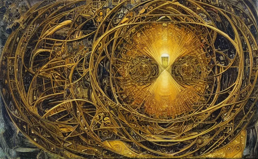 Image similar to Brutalist architecture building, Divine Chaos Engine by Karol Bak, Jean Deville, Gustav Klimt, and Vincent Van Gogh, sacred geometry, visionary, mystic, spiritual, fractal structures, ornate gilded medieval icon, third eye, spirals