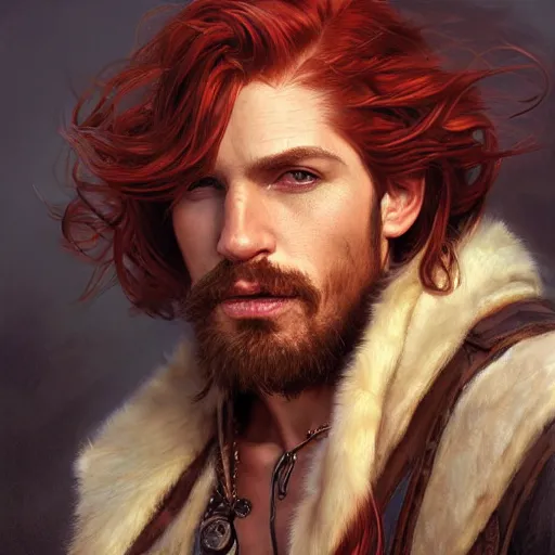 Image similar to portrait of a young ruggedly handsome but charming pirate, male, masculine, upper body, red hair, long hair, d & d, fantasy, full lips, intricate, elegant, highly detailed, digital painting, artstation, concept art, matte, sharp focus, illustration, art by artgerm and greg rutkowski and alphonse mucha