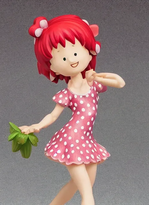 Prompt: a wholesome femo figurine of a cute funny strawberry fairy with freckles wearing a frilly floral strawberry dress featured on yotsuba by studio ghibly and disney made of strawberry jam jar, pastels, wide angle, dynamic dancing pose, 🎀 🍓 🧚