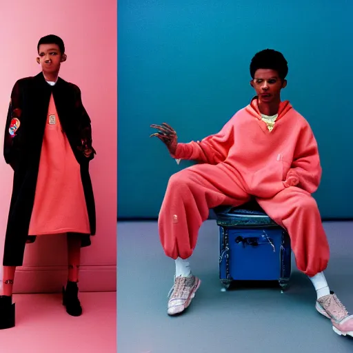 Image similar to realistic photoshooting for a new balenciaga lookbook, color film photography, portrait of a beautiful woman, set design by wes anderson, in style of Tyler Mitchell, 35mm,