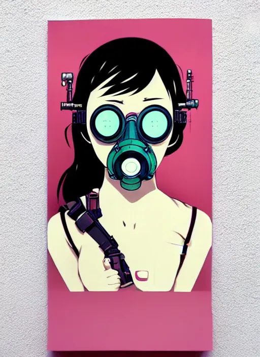 Prompt: singular girl with wearing gas mask, very anime!!! anime!! intricate details, aesthetically pleasing pastel colors, poster background, art by conrad roset and ilya kuvshinov