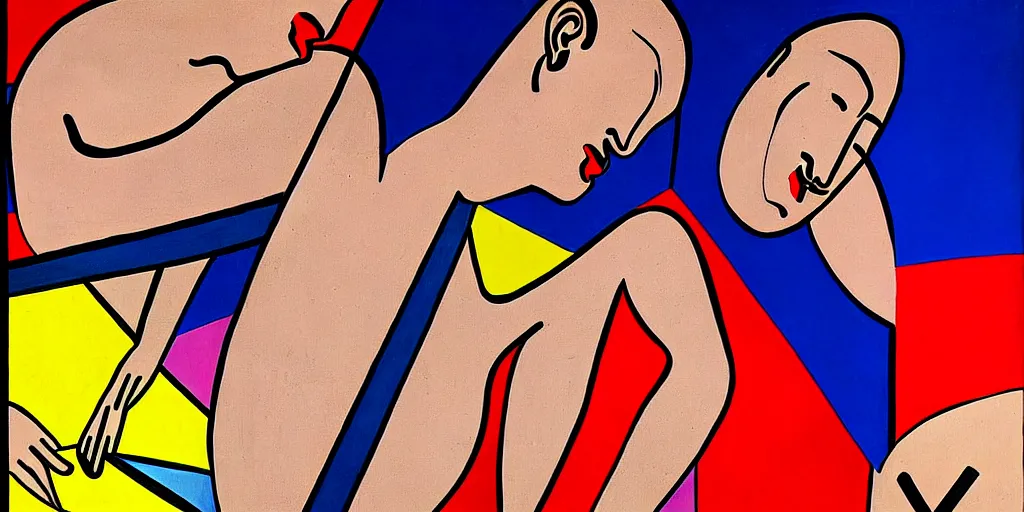 Image similar to a man being overcome by love, blue red black yellow, detailed painting by painting by man ray and pablo amaringo