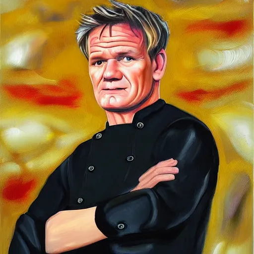 Image similar to Chef Gordon Ramsey with his head sandwiched, oil painting