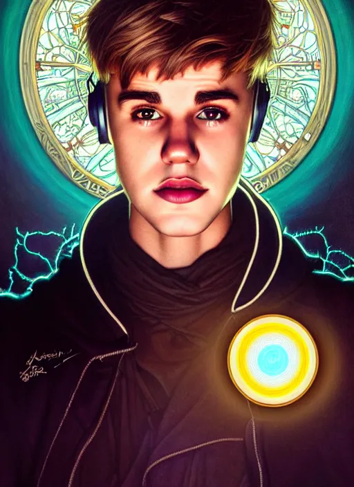 Prompt: portrait of justin bieber glowing eyes, volumetric lights, feast, music notes, art nouveau botanicals, gothic, intricate, highly detailed, digital painting, artstation, concept art, smooth, sharp focus, symmetric face, illustration, steampunk, art by artgerm and greg rutkowski and alphonse mucha