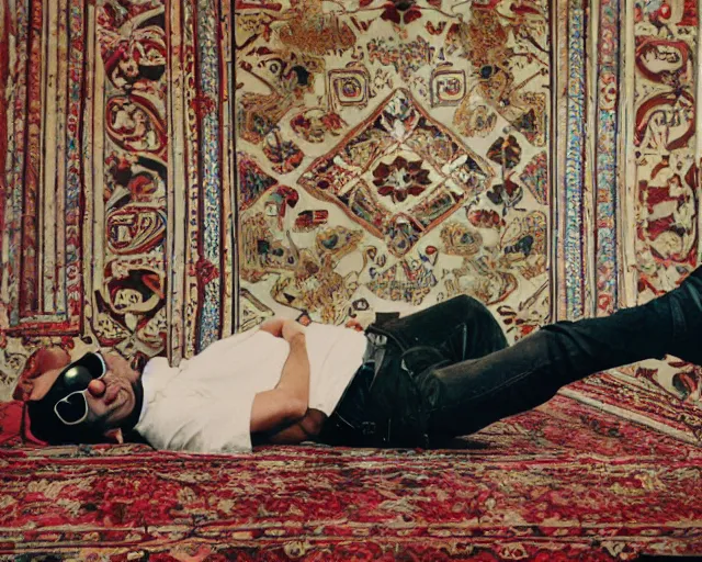 Prompt: a photo of soviet lying on brown sofa man wearing brutal black sunglasses from deus ex and jeans and white tshirt with a persian carpet on wall behind of man, cinestill