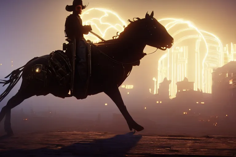 Prompt: photo from shoulder of a led cowboy, riding a led steampunk horse, carrying a big gun, on a futuristic city, cinematic lightning, ray tracing, unreal engine 5, photorealistic, 8 k, uhd, 4 k, red dead redemption 2 game concept, extremely detailed, beautiful, elegant, intricate, foggy, in - game footage