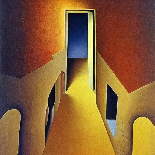 Image similar to a beautiful surrealist painting by salvador dali, I am walking through a brick hallway when suddenly the floor opens up and I start flying!