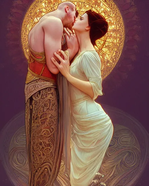 Prompt: the kiss | highly detailed | very intricate | art nouveau | gold filigree | romantic storybook fantasy | soft cinematic lighting | award - winning | painted by mandy jurgens and alphonse mucha and alena aenami | pastel color palette | featured on artstation