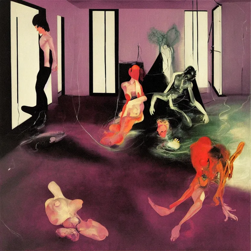 Image similar to Man and woman attached by love in a living room of a house, floating dark energy surrounds the middle of the room. There is one living room plant to the side of the room, surrounded by a background of dark cyber mystic alchemical transmutation heavenless realm, cover artwork by francis bacon and Jenny seville, midnight hour, part by adrian ghenie, part by jeffrey smith, part by josan gonzales, part by norman rockwell, part by phil hale, part by kim dorland, palette knife texture, paint drip, muted cold colors, artstation, highly detailed