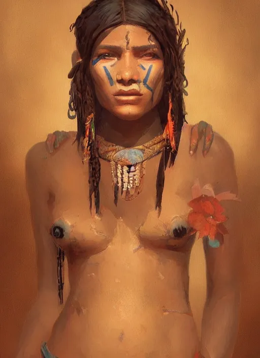 Prompt: A painting of a very beautiful tribal woman trending on artstation in the style of Greg Rutkowski, in style of Charles Sillem Lidderdale