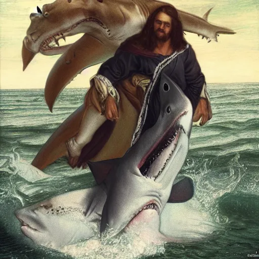 Image similar to Jesus Christ riding on a great white shark, detailed digital art, artstation, cgsociety, Art sacré, Religious art, by pre-raphaelite artist Dante Gabriel Rossetti