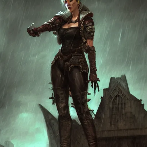 Image similar to female vampire in fallout 3, heavy rain, wind, thunder, reflections, deep focus, d & d, fantasy, intricate, elegant, highly detailed, digital painting, artstation, concept art, matte, sharp focus, illustration, hearthstone, art by artgerm and greg rutkowski and alphonse mucha