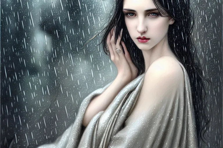 Image similar to highly detailed portrait of a beautiful girl in the rain with wet dark hair and pale skin, ornate elegant silver robes, fantasy, intricate, elegant, dramatic lighting, emotionally evoking symbolic metaphor, highly detailed, lifelike, photorealistic, digital painting, artstation, concept art, smooth, sharp focus, illustration, art by John Collier and Albert Aublet and Krenz Cushart and Artem Demura and Alphonse Mucha