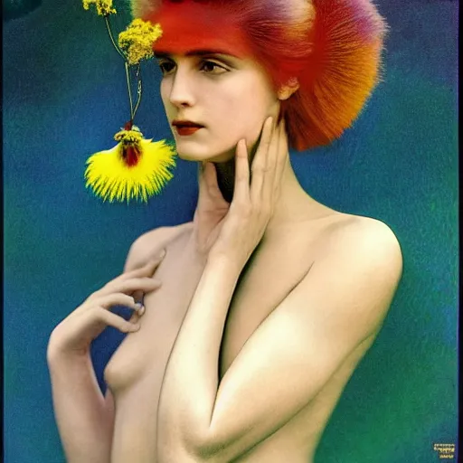 Image similar to extremely beautiful futuristic super schizophrenic psychedelic prismatic superhuman, lush detail, national geographic, steichen, herb ritts, roger deakins, anne leibovitz, alphonse mucha, sharp focus, ultra - realistic, hyperrealism, isotonic, beautiful madwoman