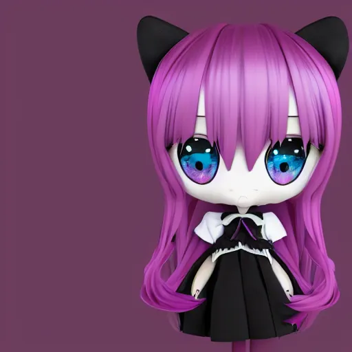 Image similar to cute fumo plush of a gothic maiden in a dark black uniform with purple highlights, laces and ribbons, soft shadow, anime girl, vray, symmetry, white frame