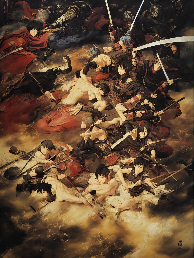 Image similar to baroque oil painting of key visual large scale samurai battle, akira kurosawa, brutalist fantasy, rule of thirds golden ratio, fake detail, trending pixiv fanbox, acrylic palette knife, style of makoto shinkai ghibli takashi takeuchi yoshiyuki sadamoto jamie wyeth james gilleard greg rutkowski chiho aoshima