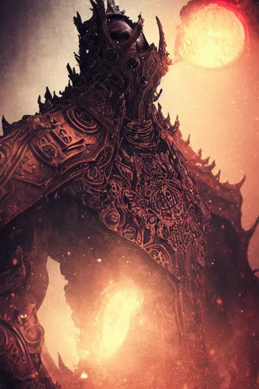 Image similar to a portrait of an ancient lich king, dark fantasy setting, dynamic pose, cobwebs and dust, decay, glowing red eyes, close - up, intricate details, intricately detailed clothing and textures, warm lighting, vivid colors, smoke and mist, realistic octane render, hyper realistic render, volumetric shading, depth of field, raytracing, 8 k,