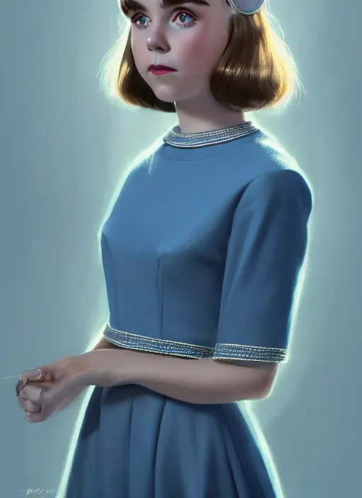 Image similar to portrait of kiernan shipka with freckles, white hair, big 1 9 6 0 s bob hairstyle with bangs and hairband, blue 1 9 6 0 s dress, intricate, elegant, glowing lights, highly detailed, digital painting, artstation, concept art, smooth, sharp focus, illustration, art by wlop, mars ravelo and greg rutkowski