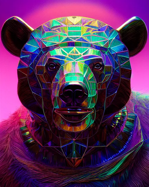 Image similar to highly detailed surreal vfx portrait of a metallic chromatic geometric tribal bear, behance, stephen bliss, unreal engine, greg rutkowski, loish, rhads, beeple, makoto shinkai and lois van baarle, ilya kuvshinov, rossdraws, tom bagshaw, alphonse mucha, global illumination, detailed and intricate environment