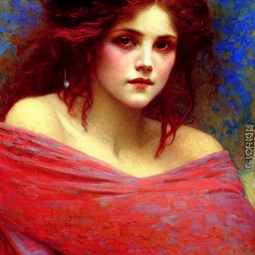 Prompt: beautiful portrait of a soulful elegenat woman against strong crimson background, oil painting, gaston bussiere, mucha, gerome,
