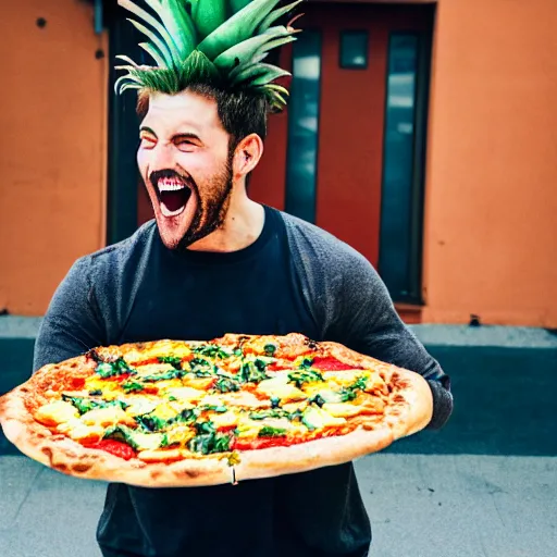 Prompt: a man eating pineapple pizza and laughing, photography, highly defined features, HDR