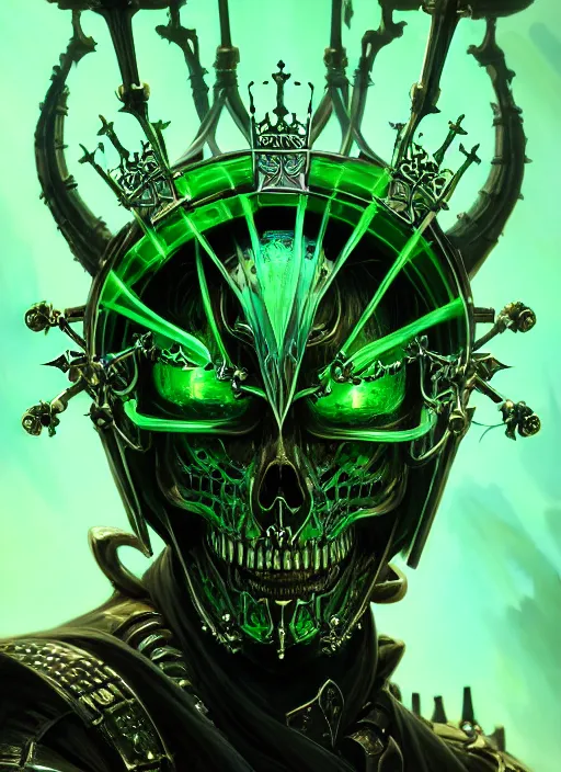 Image similar to closeup portrait shot of the king of the cyber skeletons with a crown of swords, glowing green, intricate, elegant, highly detailed, centered, digital painting, artstation, concept art, smooth, sharp focus, warframe, illustration, anders zorn, tomasz alen kopera, peter mohrbacher, donato giancola, leyendecker, boris vallejo