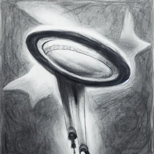 Image similar to Dimension Shift, UFO, reversal of roles, charcoal on paper