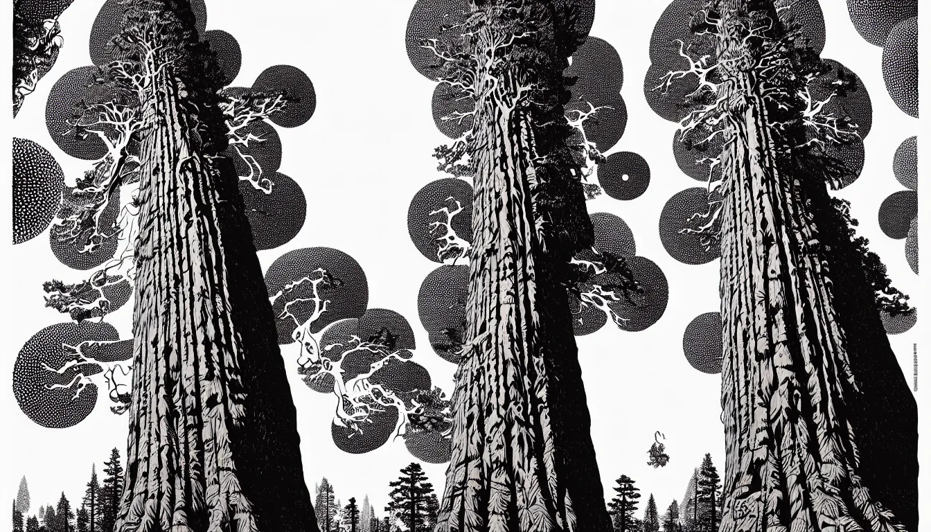 Prompt: giant sequoia by woodblock print, nicolas delort, moebius, victo ngai, josan gonzalez, kilian eng