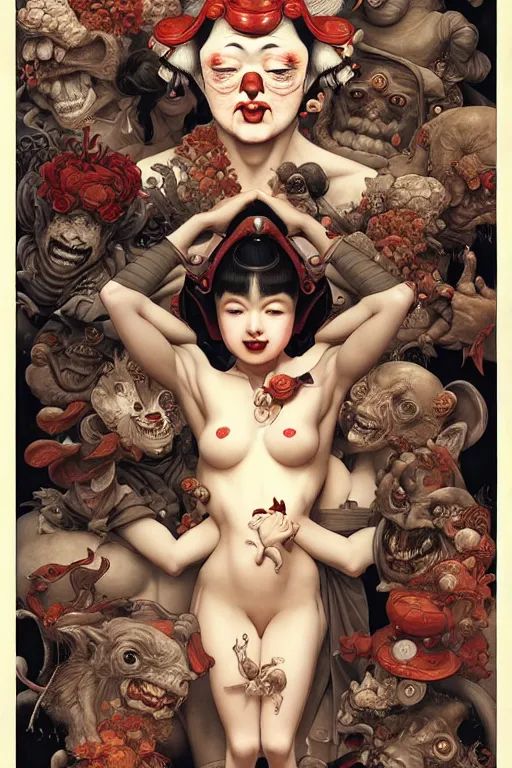 Image similar to 🔞🤡🤼, dynamic lighting, symmetrical dimension, rotary, x - y priority, detailed, by bambang nurdianshyah, garis edelweiss, roby dwi antono and ayami kojima, takato yamamoto, barclay shaw, karol bak, yukito kishiro, norman rockwell