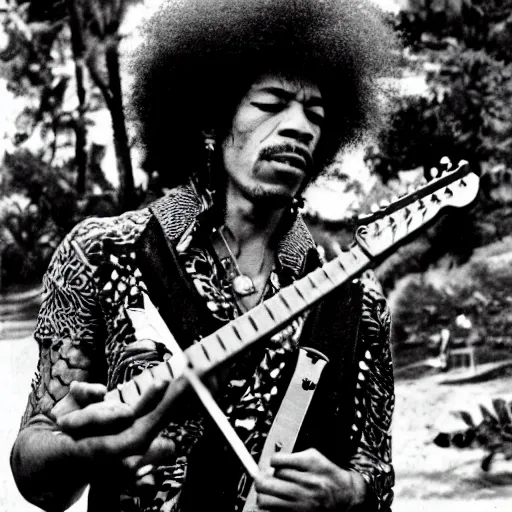 Image similar to jimi hendrix playing a lizard guitar, color photo, cinematic