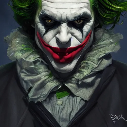 Image similar to [Rossi de Palma as the Joker, closeup, D&D, intricate, elegant, highly detailed, digital painting, artstation, concept art, matte, sharp focus, illustration, art by Artgerm and Greg Rutkowski and Alphonse Mucha]