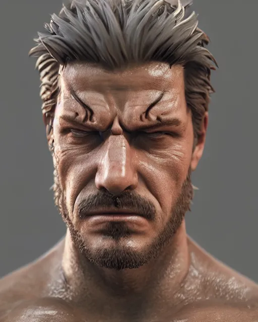 Prompt: solid snake bust portrait, cinematic lighting, anguished depressed facial expression, close - up, black atmospheric background, 4 k photorealistic render, best of artstation hdr, redshift houdini, hyperrealism