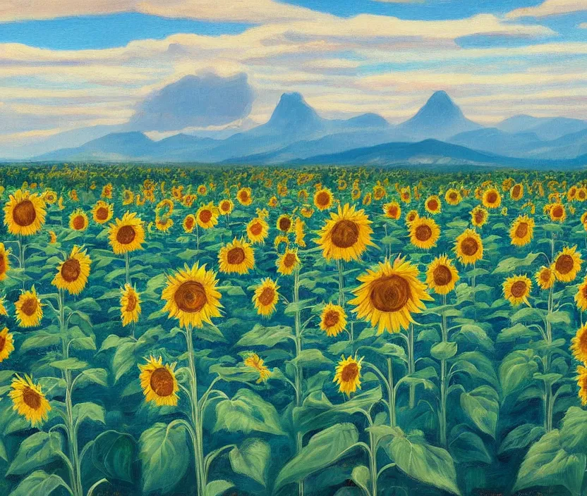 Prompt: a very detailed painting of a sunflower field, baby blue sky with very aesthetic stylized clouds, there is a big city with futuristic buildings in the back, there are mountains in the back, in the style of edward hopper and hugo pondz, very fine brushstrokes, 4 k,