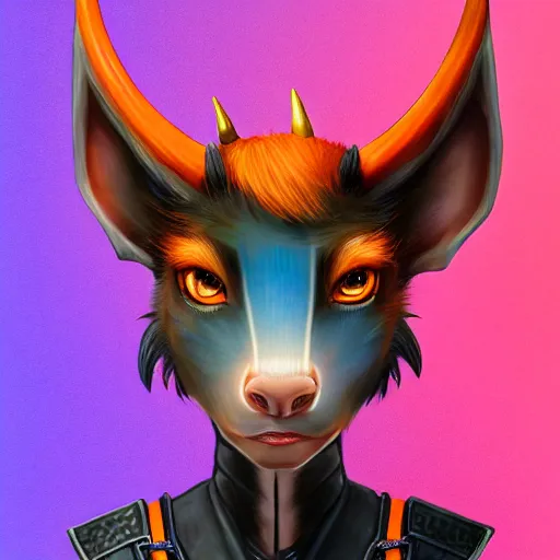 Prompt: illustrated realistic tilted head portrait female prong-horned kobold with blue bob hair with black-eyes wearing strap leather armor, orange glow, backlit by rossdraws